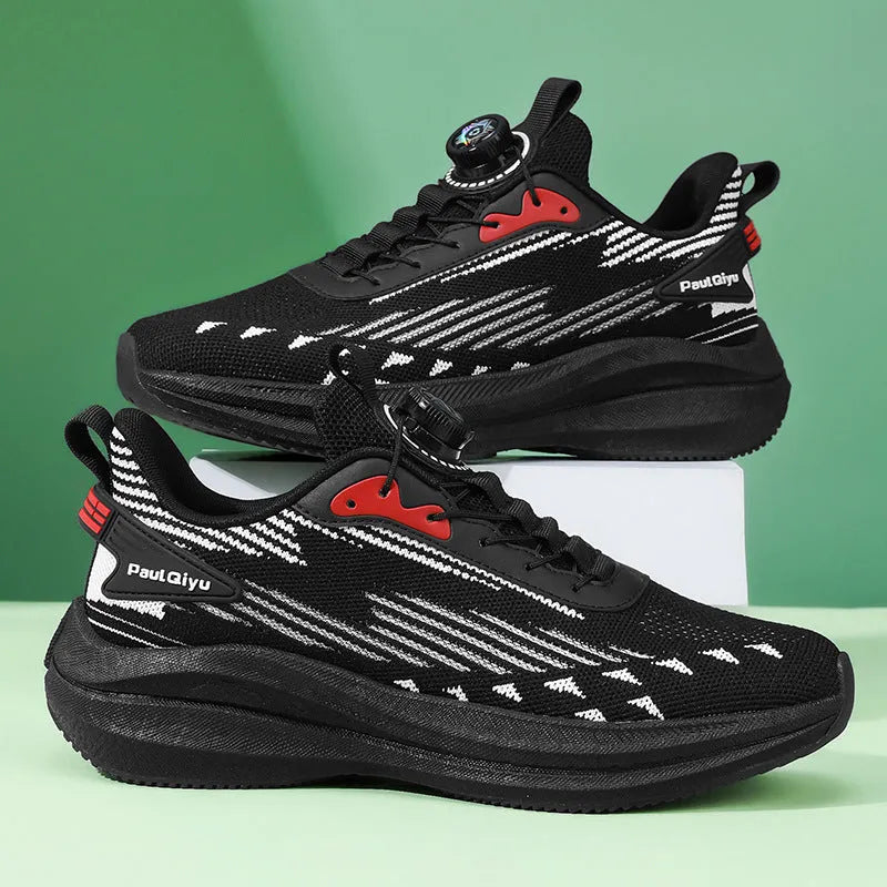 Men's black and grey rotating buckle Fly-knit mesh casual running shoes with a low-top flat heel design.