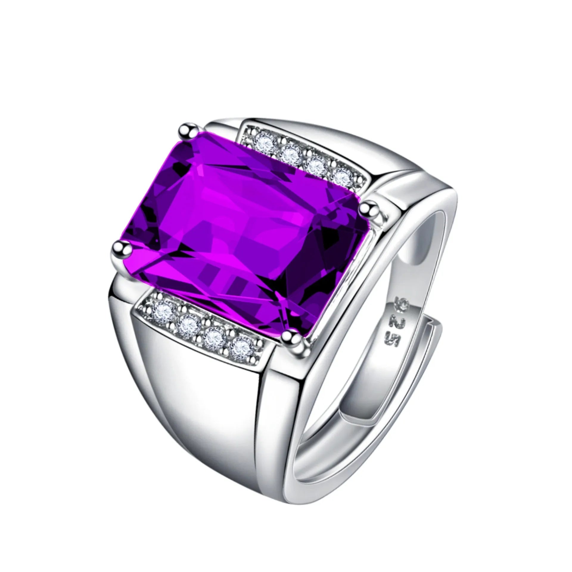 Adjustable geometric copper ring with coloured rhinestones in amethyst, blue, red, or yellow.