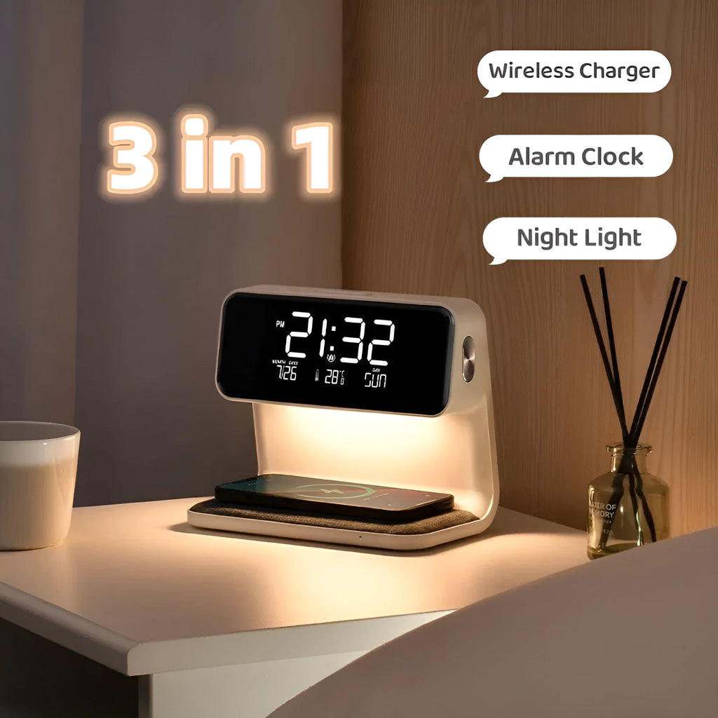 White 3-in-1 bedside lamp with wireless charging pad, LCD clock screen, and touch dimming controls