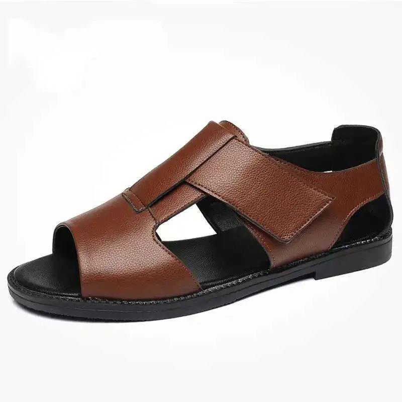 Men's black and brown leather casual sandals with open toes and rubber soles on a size chart.