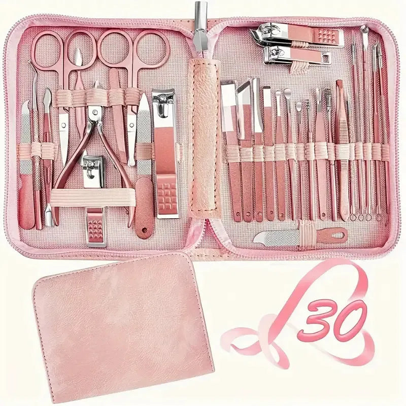 30-piece stainless steel nail beauty tool set shown in pink, blue, rose gold, black, and green colour options.