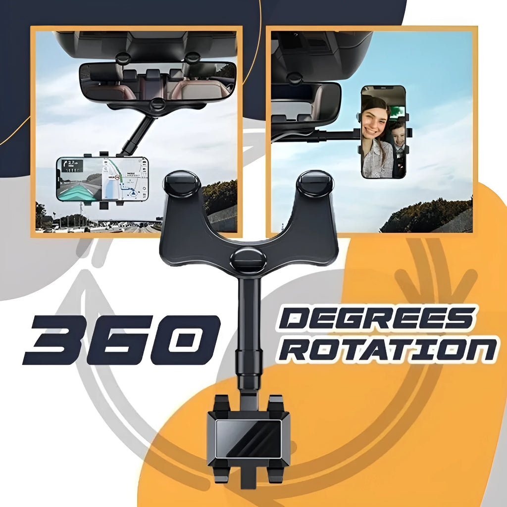 Black rearview mirror car phone holder showing 360-degree rotation and telescopic arm extended.