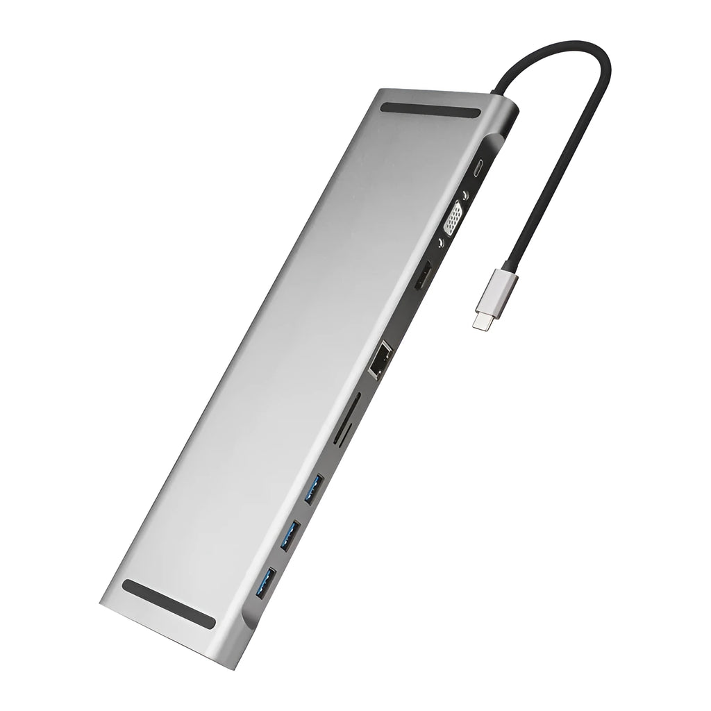Ten-port aluminium docking station with cooling bracket showing HDMI, VGA, and Ethernet ports