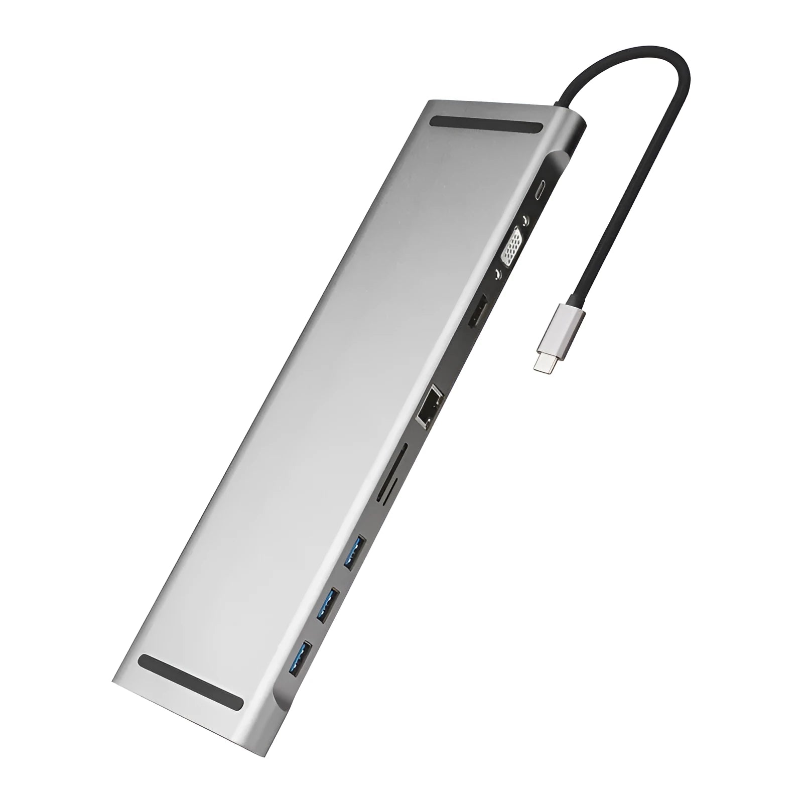 Ten-port aluminium docking station with cooling bracket showing HDMI, VGA, and Ethernet ports