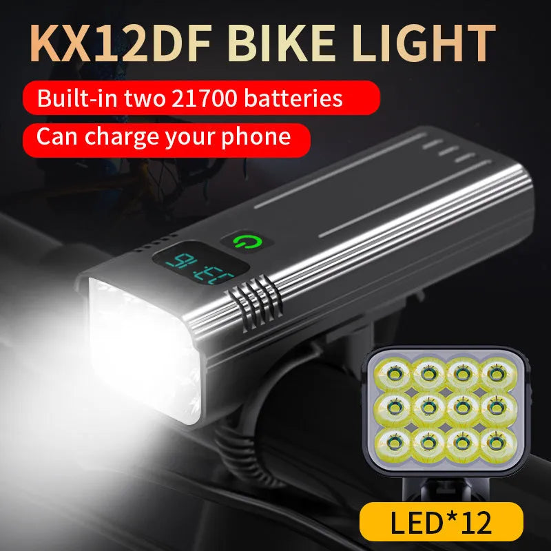 Black KX12DF digital display bicycle headlight with USB port and rotating mount.