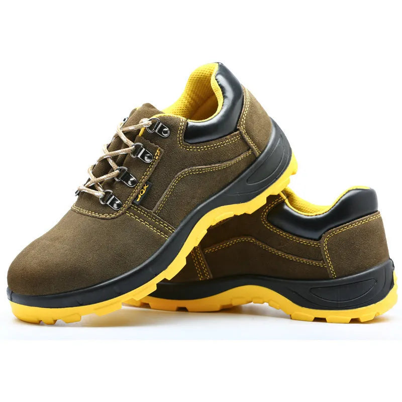Men's brown cowhide leather safety shoes with steel toe cap and non-slip patterned soles