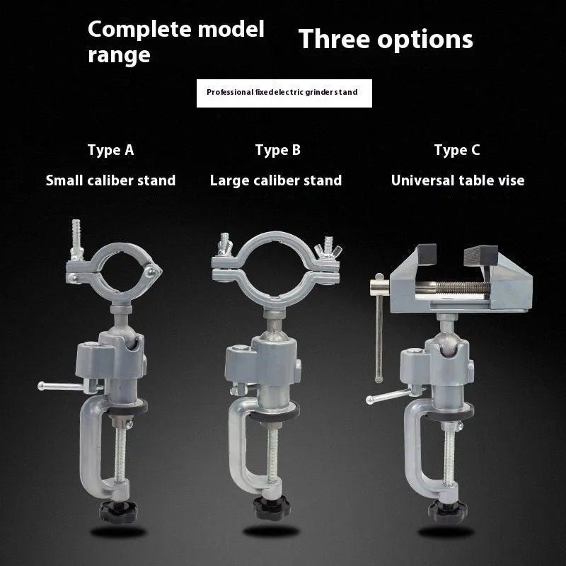Clamp-on bench vise with a 360-degree rotating bracket and tungsten steel construction on a workbench.