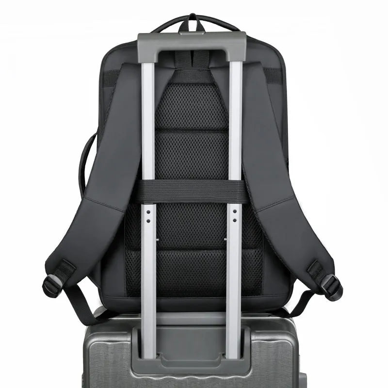 Black or grey waterproof Oxford cloth backpack with 20-35L capacity and curved shoulder straps for business travel