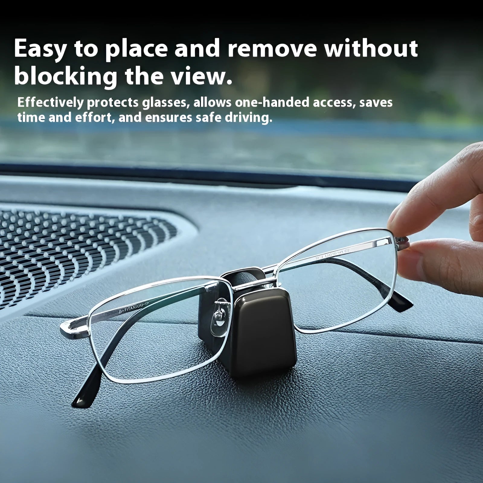 Zinc alloy and leather glasses clip for car dashboard in black, grey, green, or red.