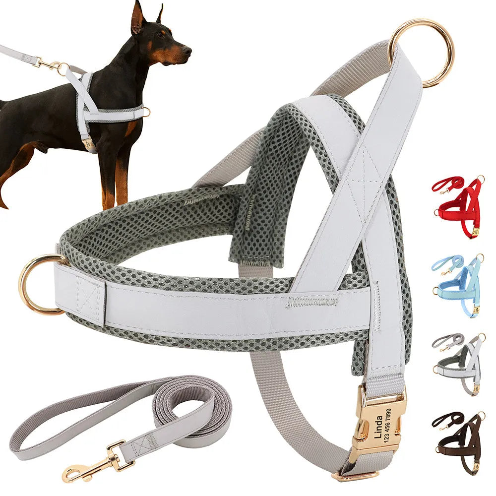 Personalized nylon dog harness leash set with bow tie, adjustable, in blue coffee grey red, sizes XS to L