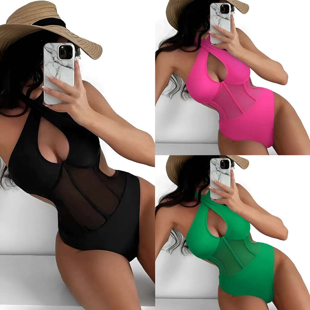 Women's black one-piece swimsuit made from nylon and spandex fabric