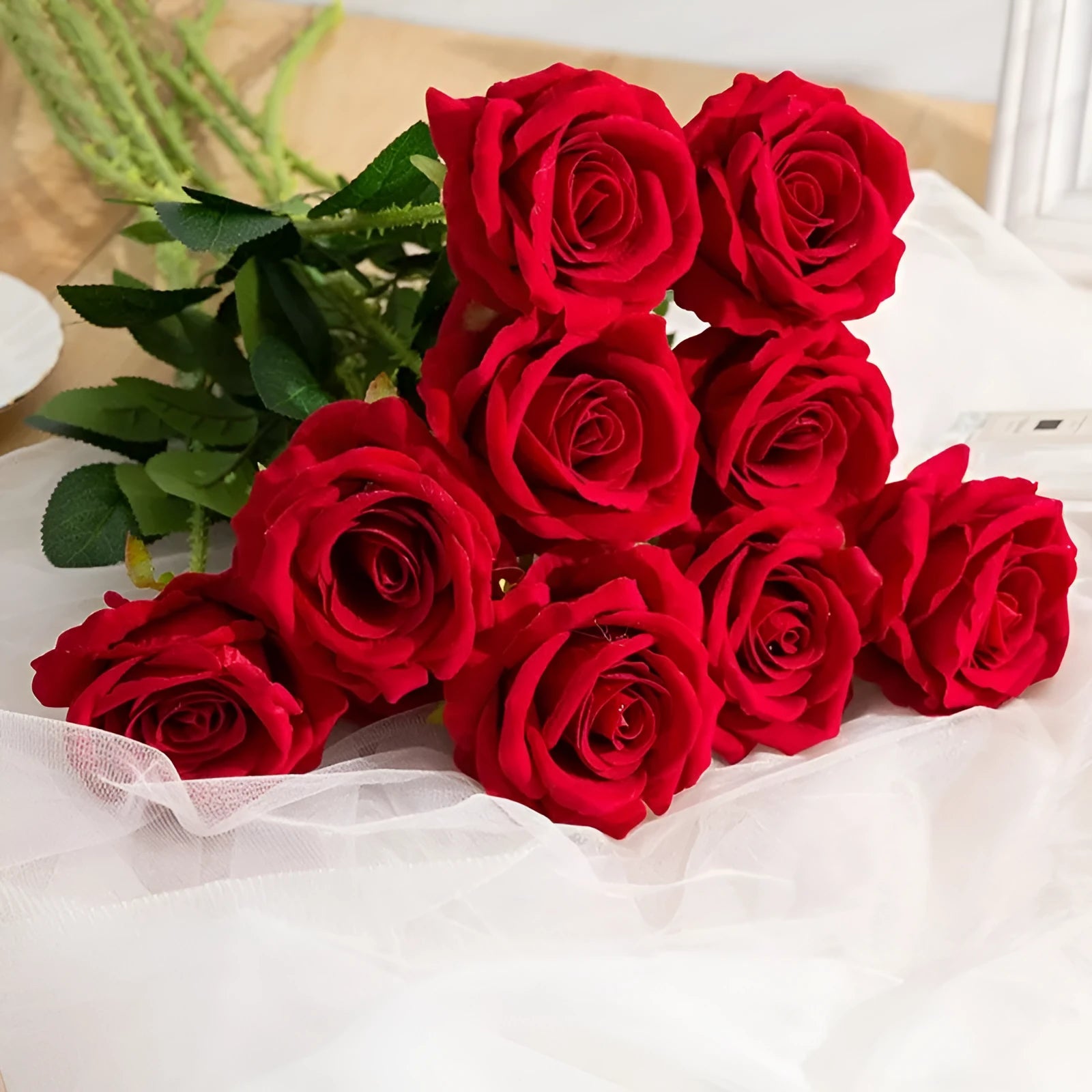 Artificial red silk rose bouquet 48cm for home decoration with flower head diameter 7cm