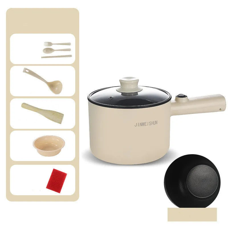 Mini electric hot pot appliance in stainless steel with non-stick coating and included cooking accessories