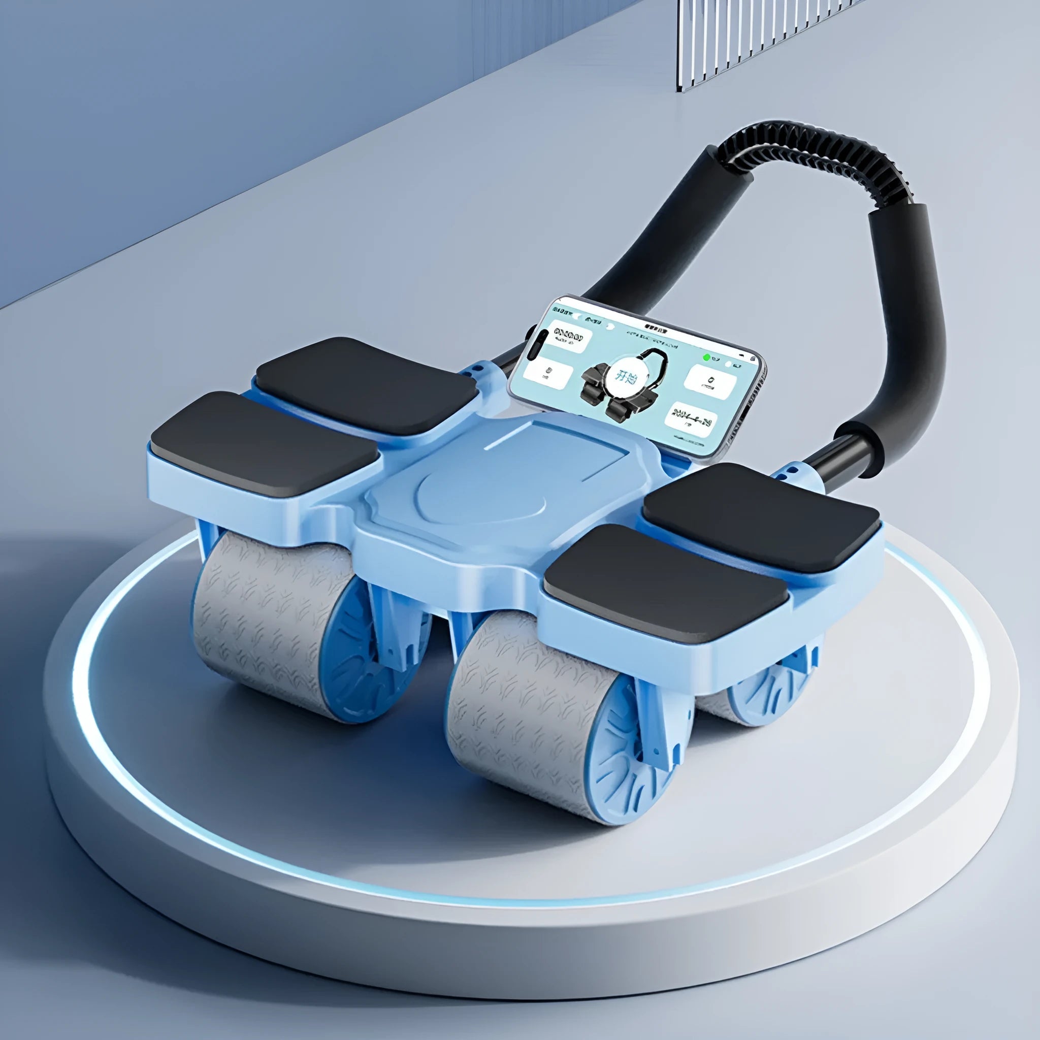 Black automatic rebound abdominal exercise wheel with four wheels on a floor.