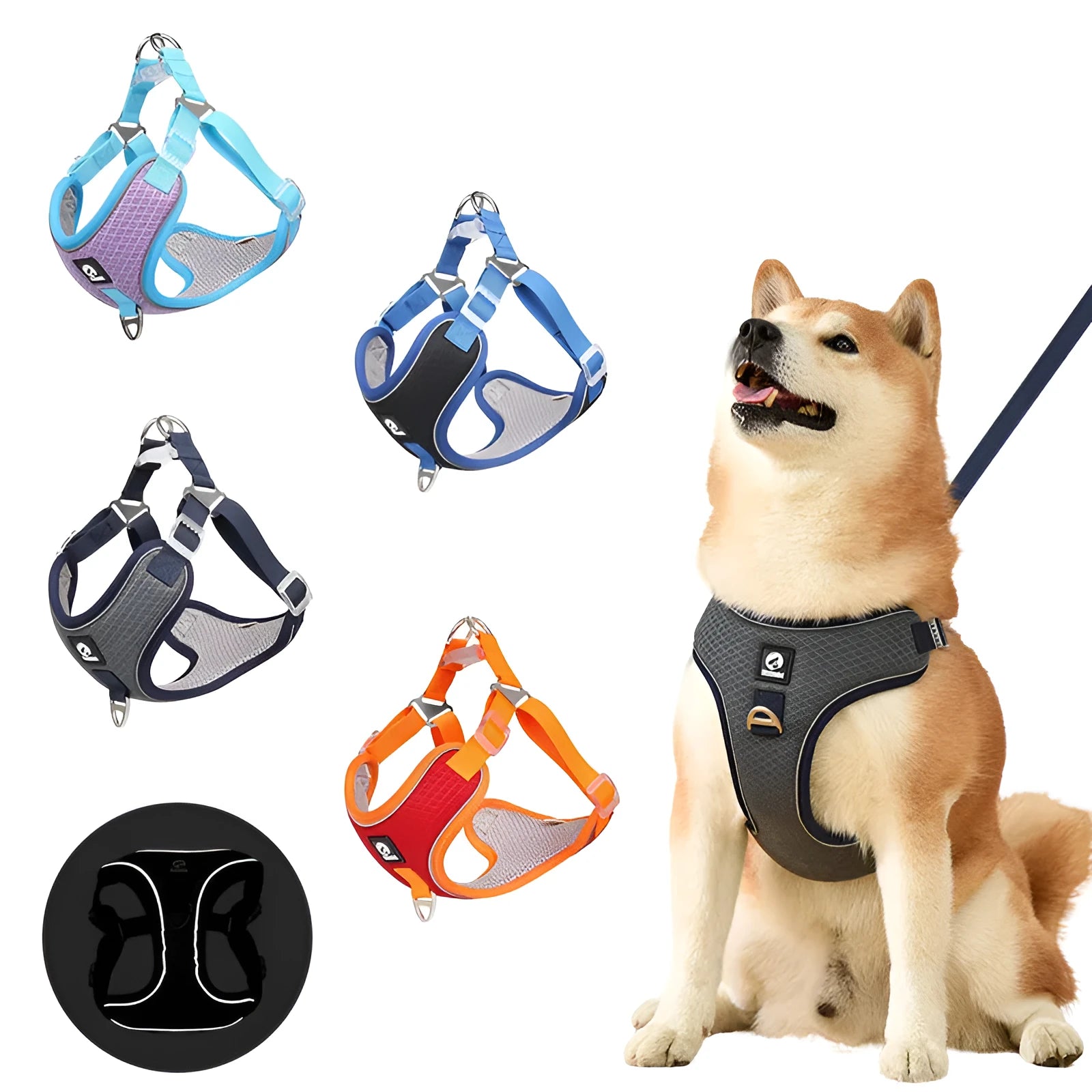 Adjustable dog harness with reflective strips in black, red, gray, or light purple colours