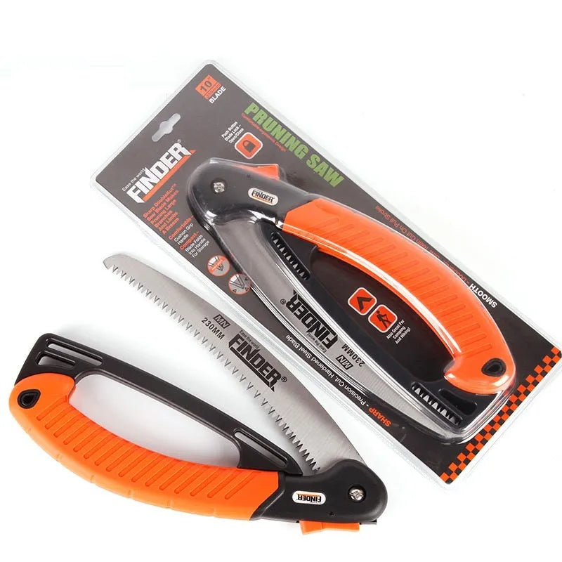 Folding garden hand saw with a 230mm steel blade and black TPR grip, shown open and closed.
