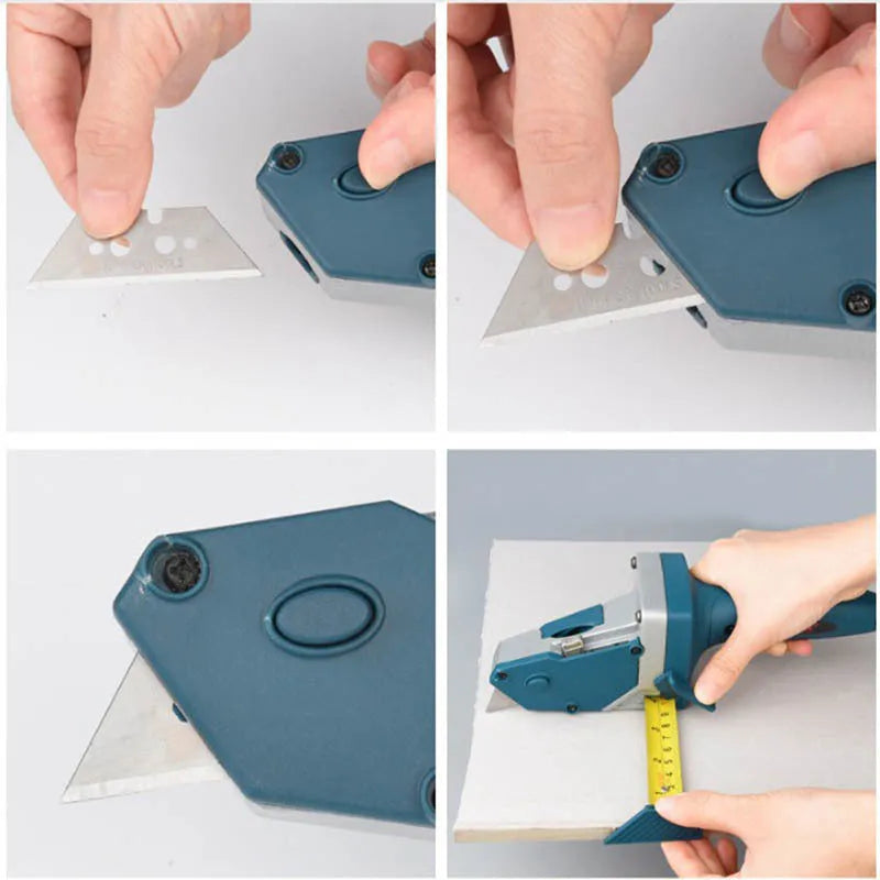 Blue multifunctional woodworking cutter tool with measuring scale for cutting board and foam
