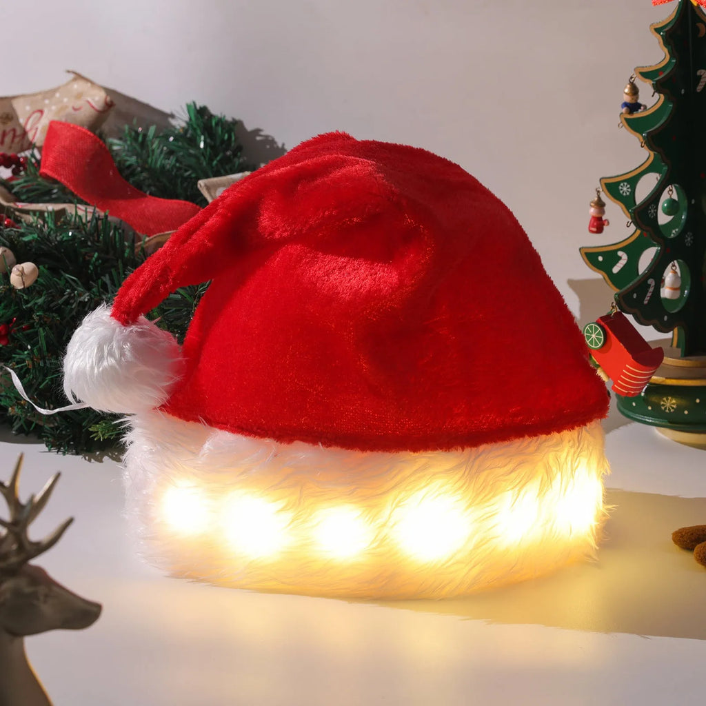 Red and white LED Christmas Santa hat with pom-pom and multi-colour lights