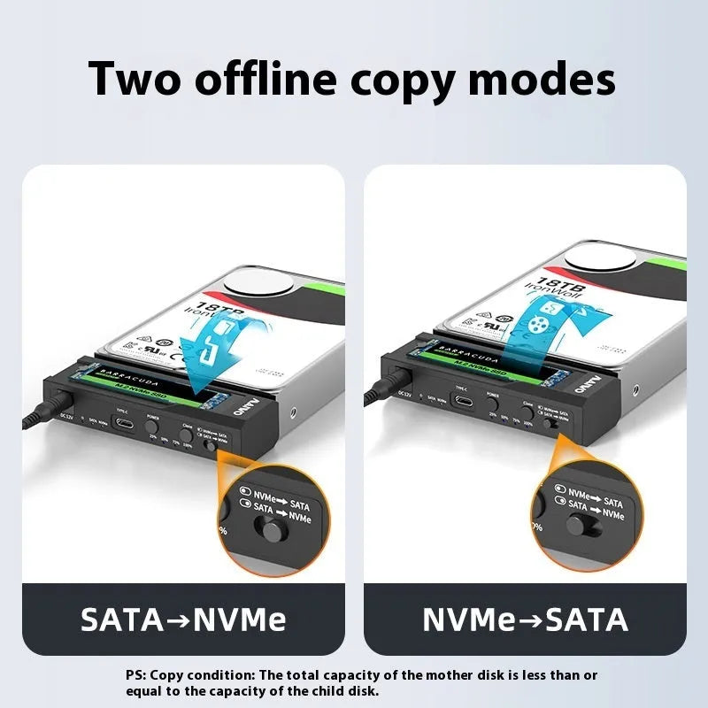 External hard drive enclosure for 2.5-inch SATA SSDs with ABS plastic construction showing dimensions