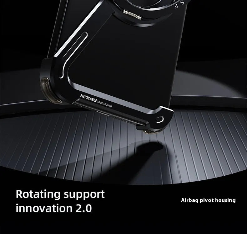 Black aluminium alloy iPhone 17 Pro Max phone case with integrated magnetic bracket showing folded and deployed positions