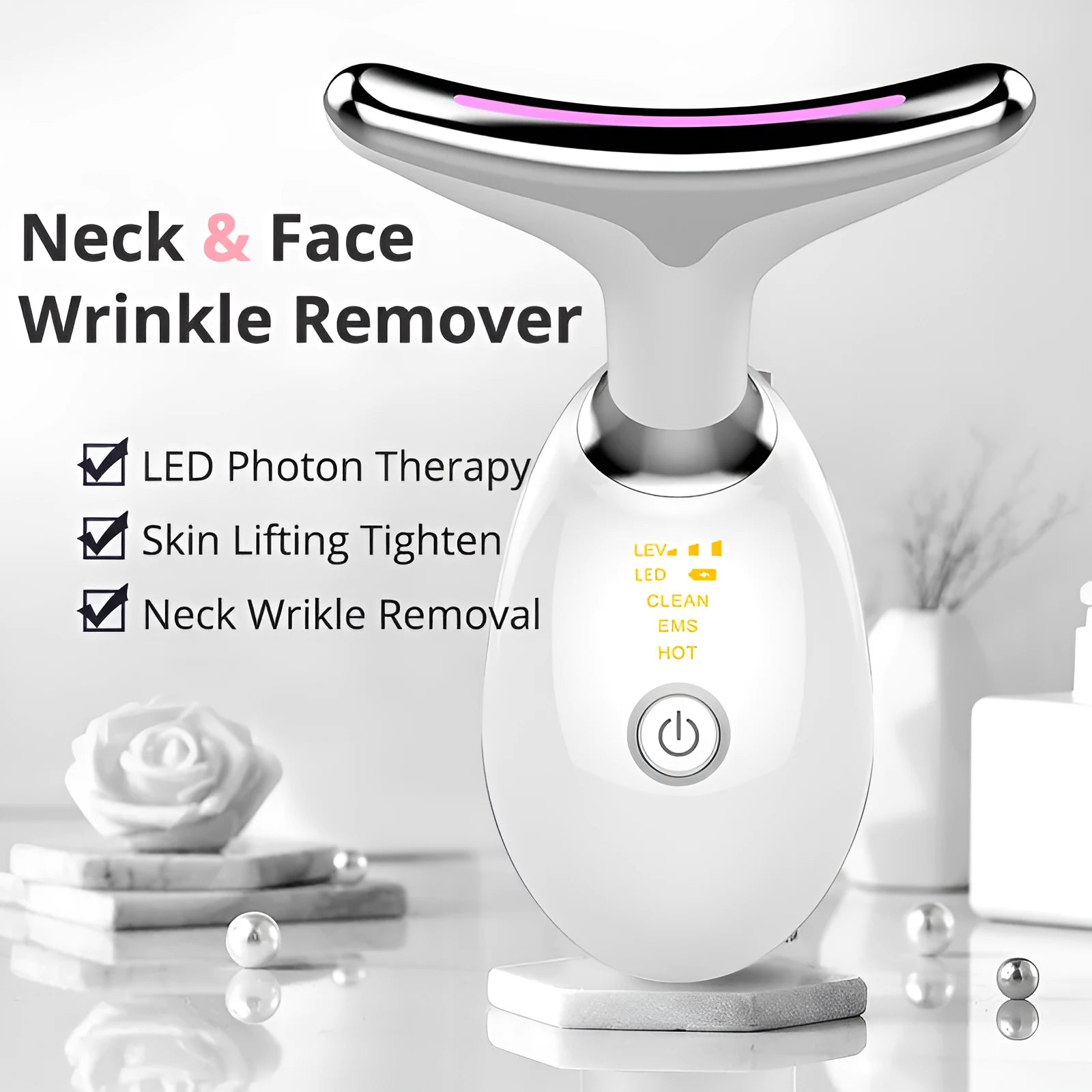 EMS thermal electric neck massager device with LED lights for wrinkle reduction and skin tightening.