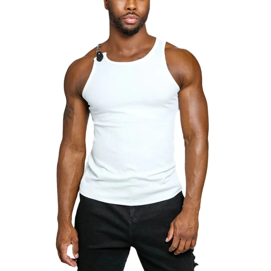 Men's tight-fitting sleeveless vest in white and black colours, made from a polyester cotton blend fabric.