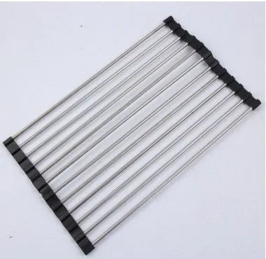 Folding stainless steel kitchen drain sink rack with collapsible design for dish organisation