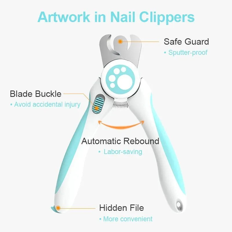 Blue and white pet nail clippers with safety stop for dogs and cats