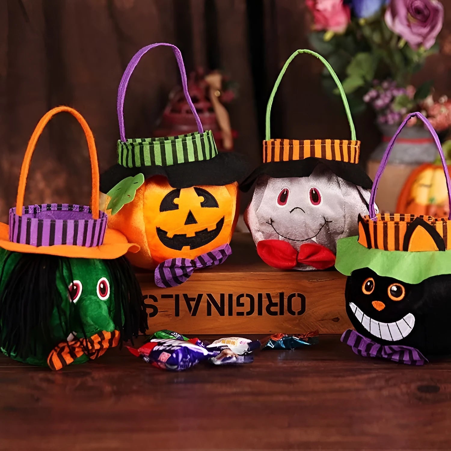 Halloween candy bag with pumpkin pattern measuring 16cm x 16cm with velvet material