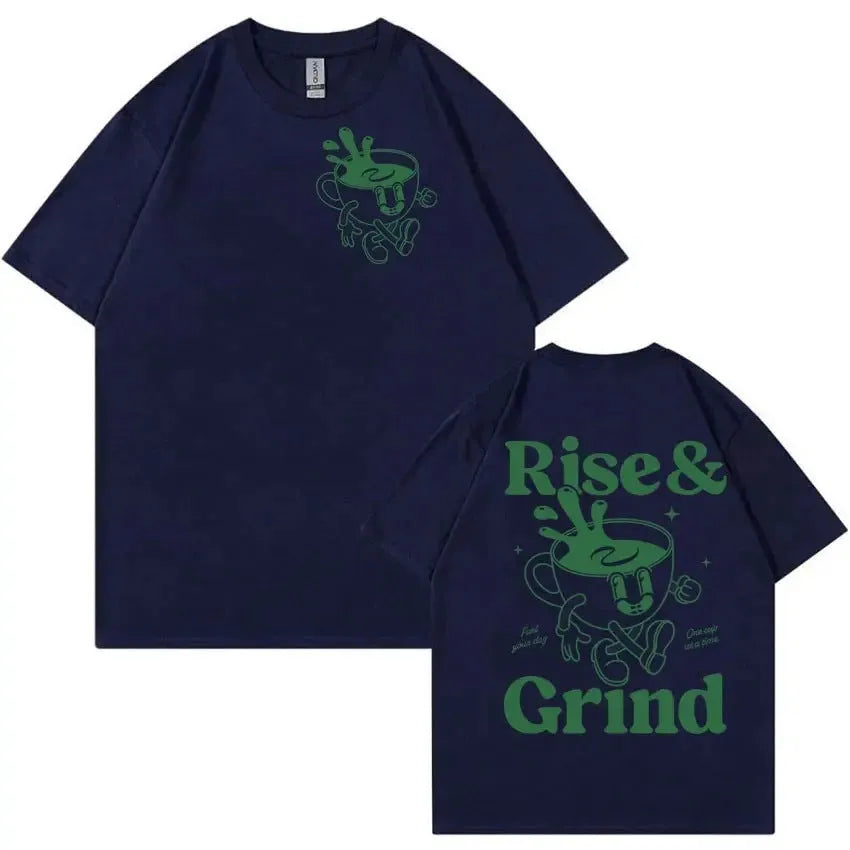Man's loose-fit linen-blend t-shirt with Rise And Grind green coffee cartoon print