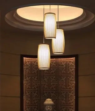 Natural bamboo woven pendant light with open weave pattern for hallway staircase lighting