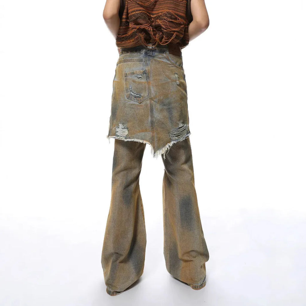Loose hole bootcut denim pants with high waist and button fly in straight-leg style