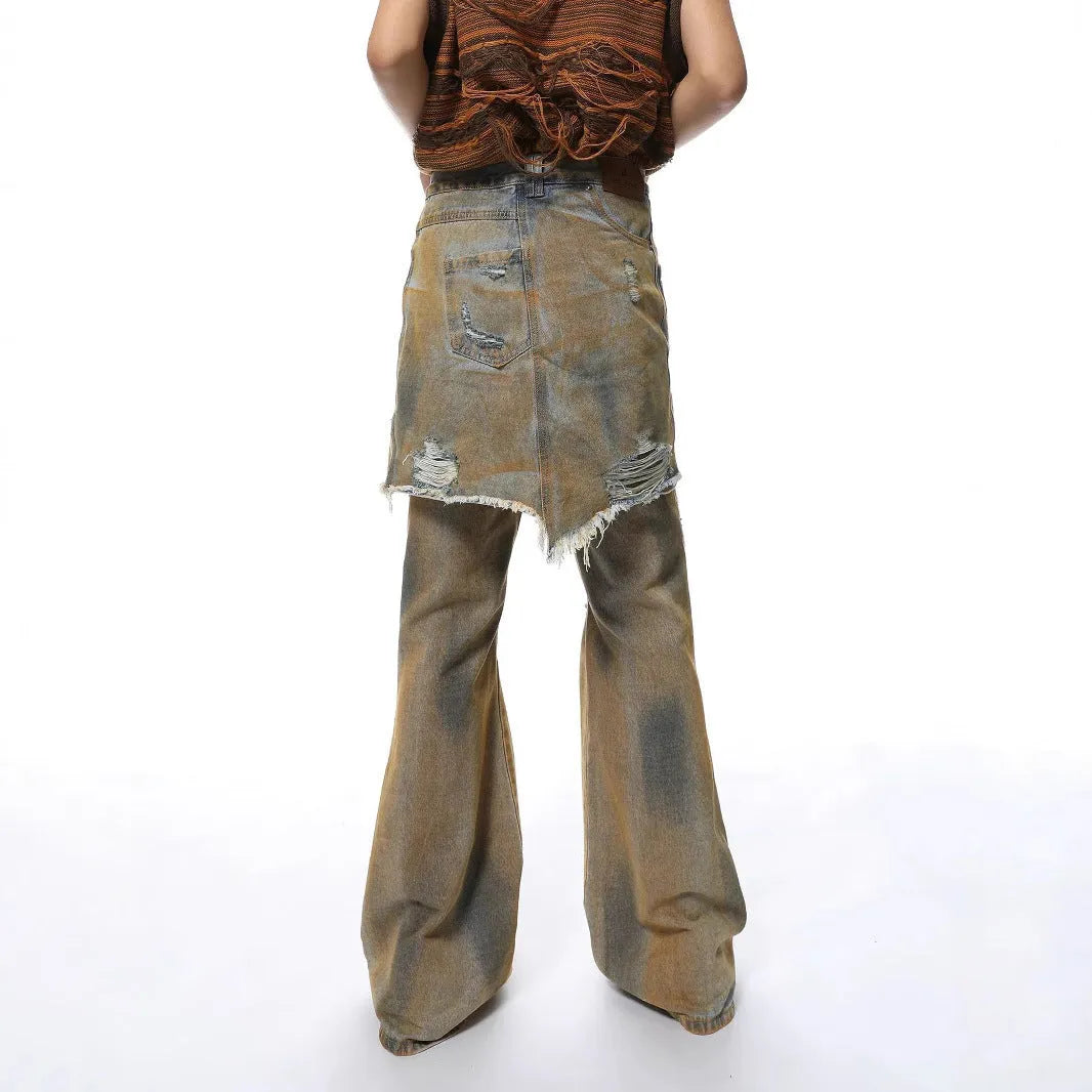 Loose hole bootcut denim pants with high waist and button fly in straight-leg style
