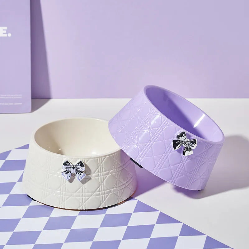 Diamond pattern pet bowl with bowknot design in pink and silver colours