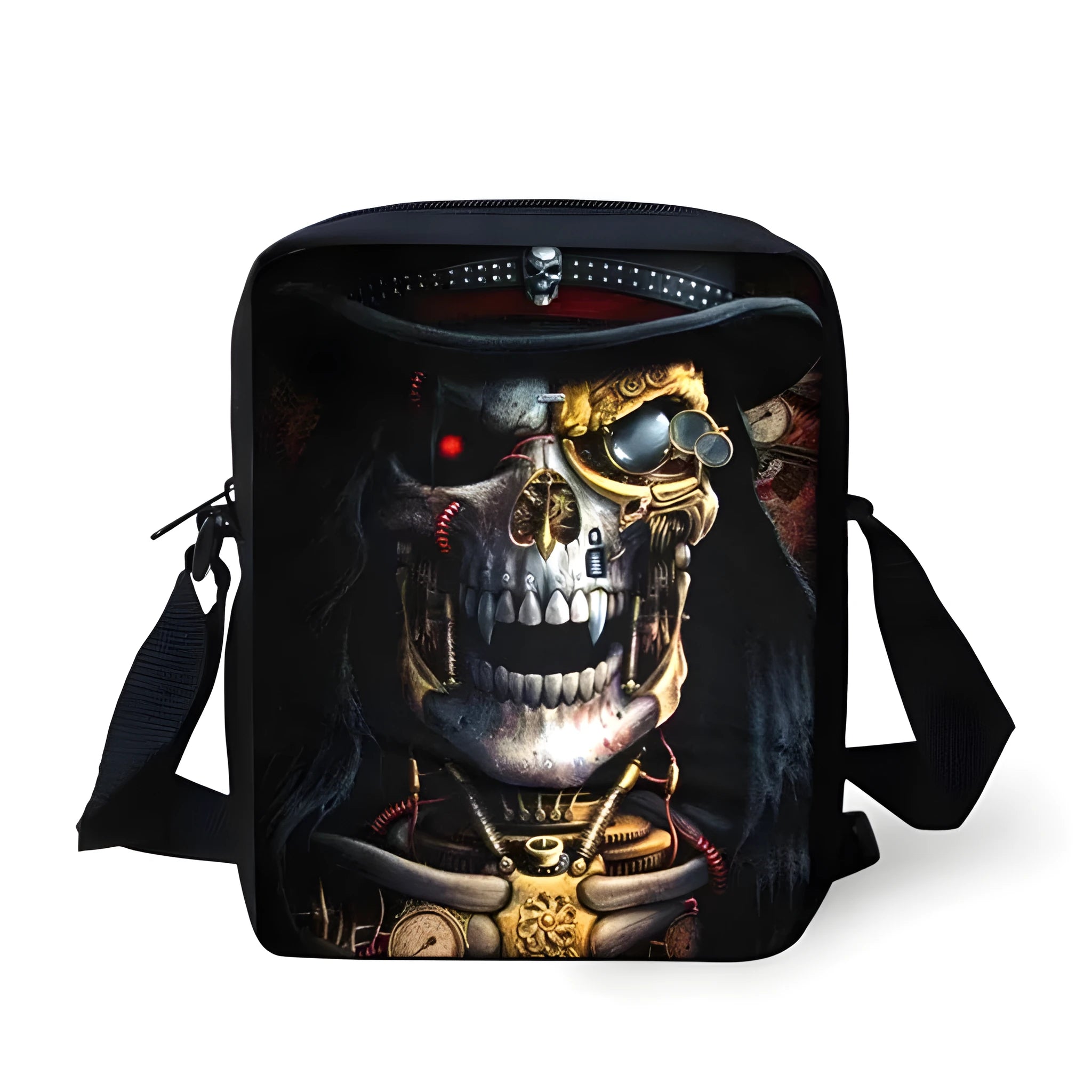 A medium-sized black children's messenger bag with a white skull print, showing double shoulder straps and a front zipper pocket.