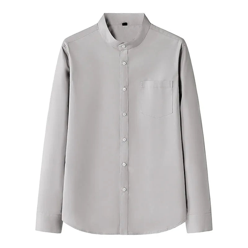 Men's stand collar long sleeve slim fit pocket shirt in black, white, and gray colours, front view