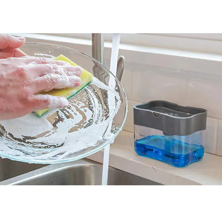 A grey plastic soap dispenser bottle for liquid hand wash on a kitchen counter.