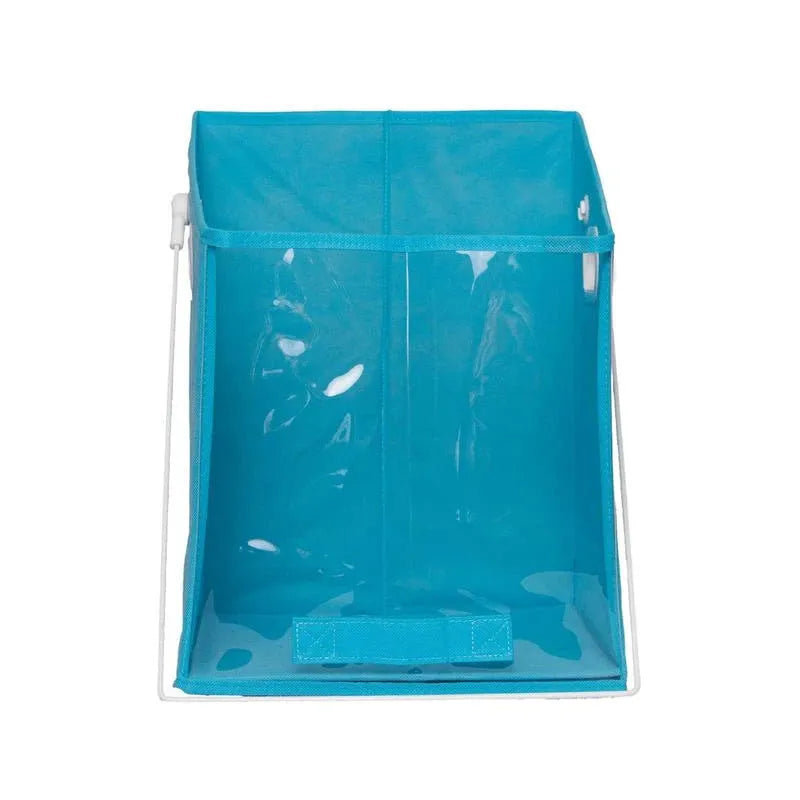Blue folding storage basket with detachable liner on shelving, showing clear front panel and padded sides