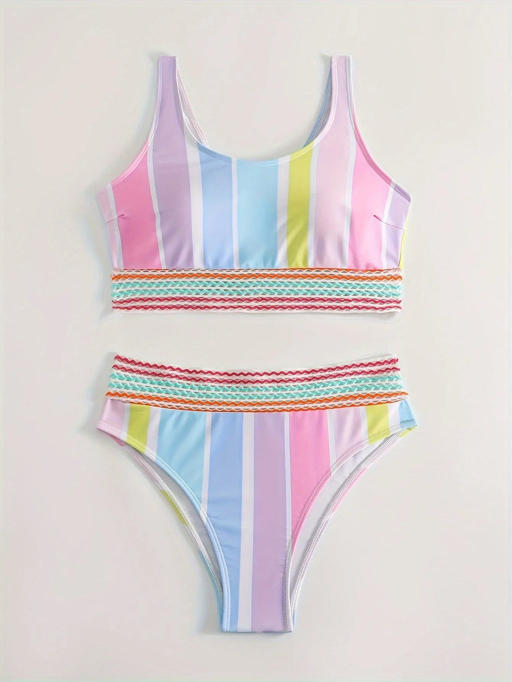 Striped women's bikini top and bottom set for sports swimming.