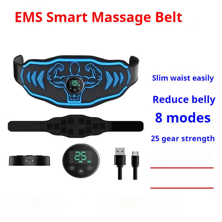 Rechargeable EMS smart massage belt and host unit in orange and blue colour options