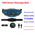 Rechargeable EMS smart massage belt and host unit in orange and blue colour options