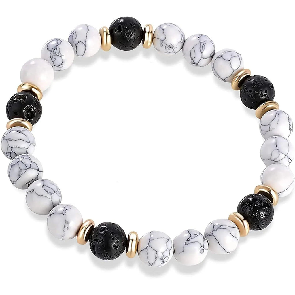Handmade alloy volcano white turquoise natural stone bracelet with obsidian, lava, and tiger eye beads