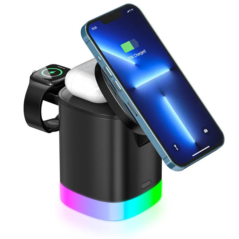 Black foldable 3-in-1 magnetic wireless charging station cube for iPhone, Apple Watch and AirPods