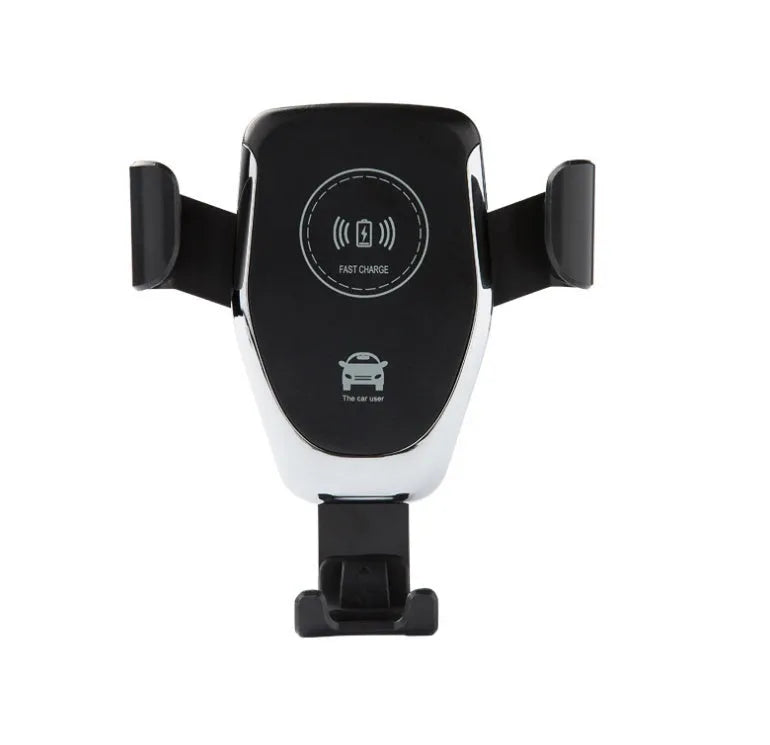 Black car wireless charger mounted on vent, holding iPhone with automatic support arms visible