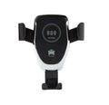 Black car wireless charger mounted on vent, holding iPhone with automatic support arms visible