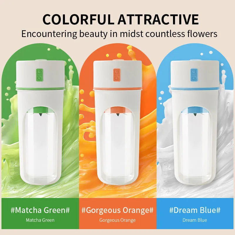 Portable USB charging electric juicer blender in blue green orange colours with 400ml capacity