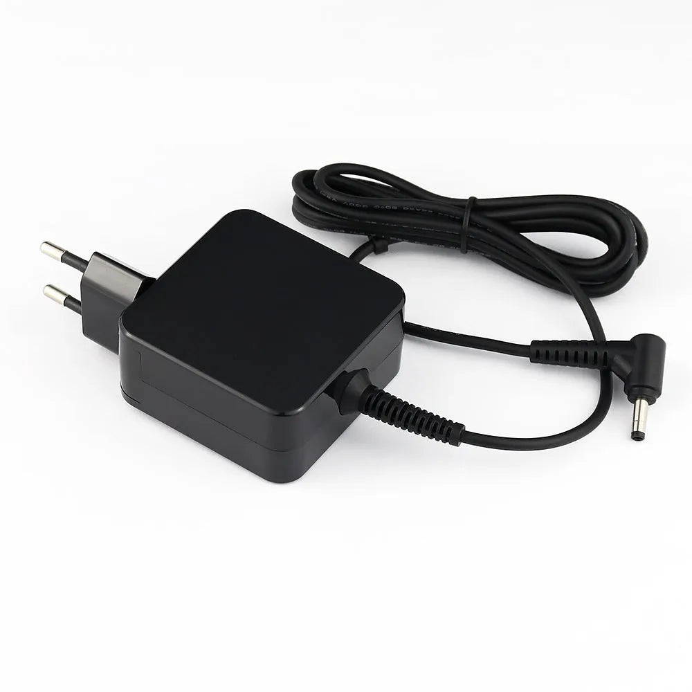 Black 45W laptop adapter with American standard DC connector showing compact dimensions