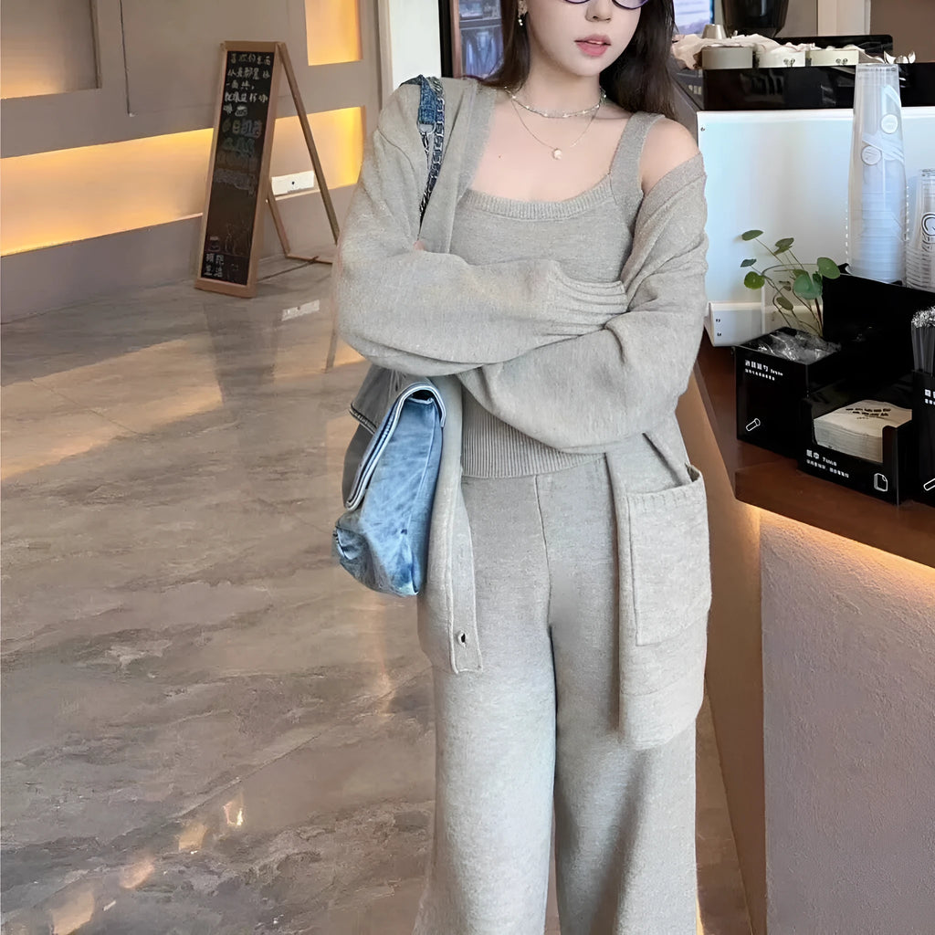 Women's wool blend three-piece cardigan set with vest and casual pants in beige colour