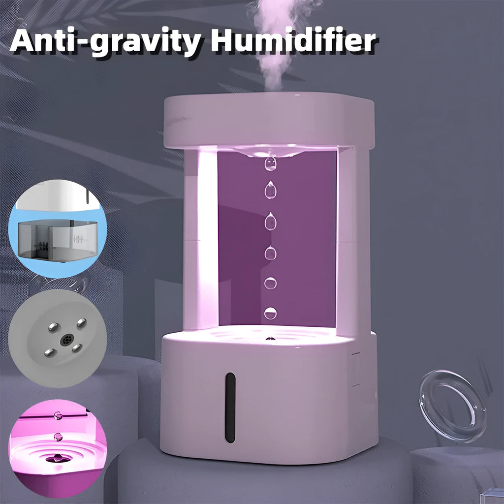 White anti-gravity water droplet USB humidifier with coloured lights on a desk