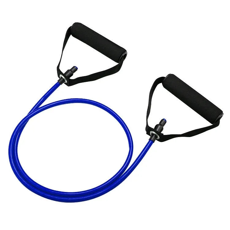 Colour-coded TPE chest expander resistance bands in yellow, green, red, blue, and black.